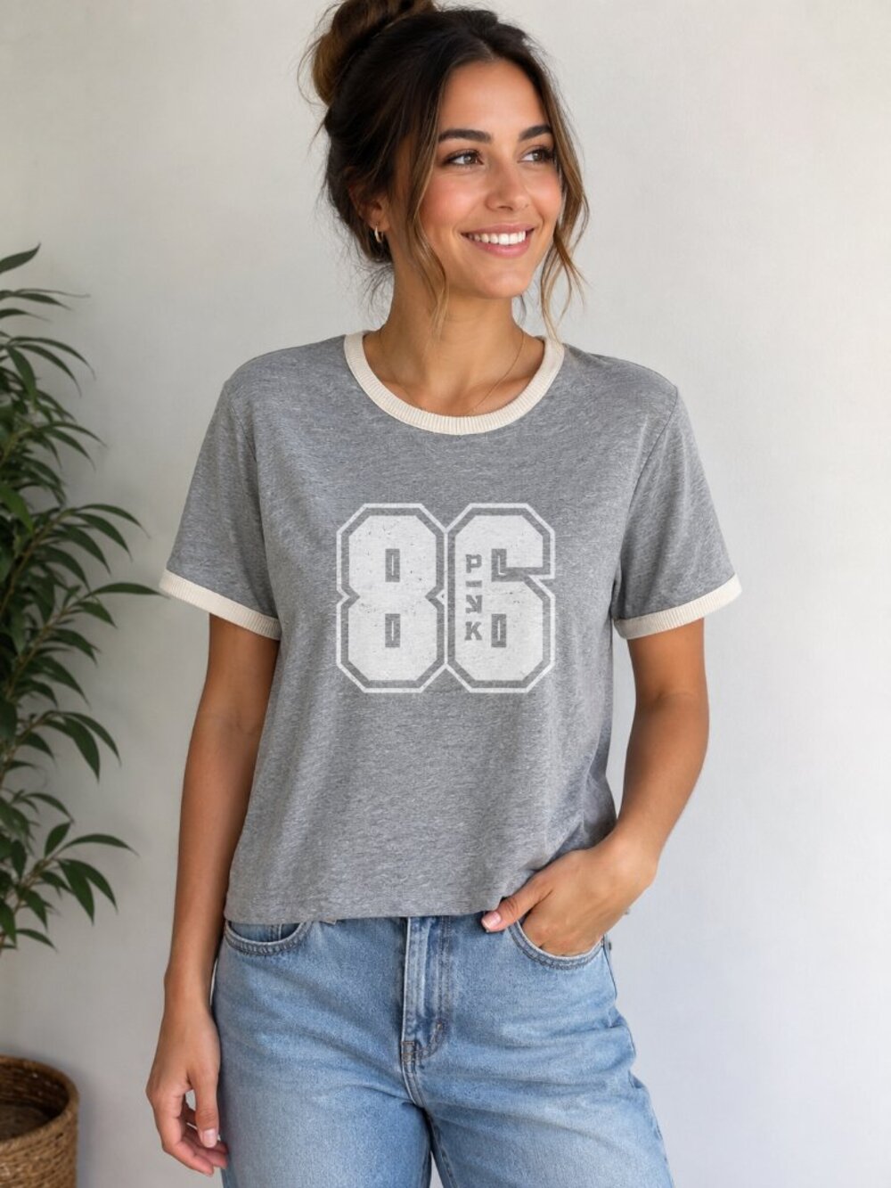 PINK Victoria’s Secret XL Gray Varsity 86 Ringer Crop Top T Shirt Cotton YTK